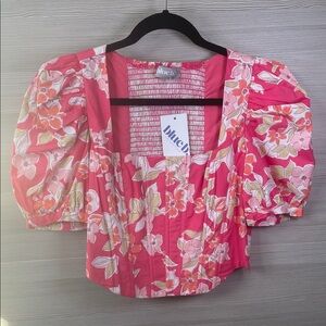 Blue B Collection NEW Pink Floral Square Neck Puff Sleeve Corset Blouse